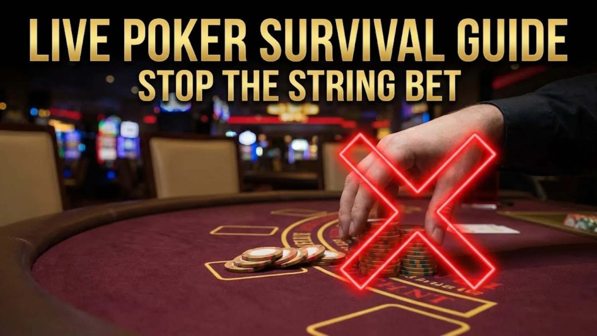 PokerOffer live poker survival guide cover illustrating a string bet with casino chips crossed out by a red neon X.