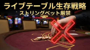 PokerOfferのライブポーカー生存戦略ガイドカバー画像。違法なストリングベットを行うプレイヤーの手に赤いネオンのX印を重ねて表示。