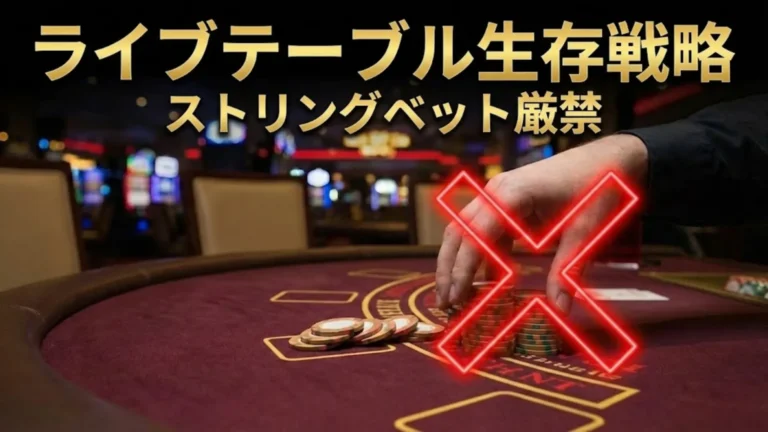 PokerOfferのライブポーカー生存戦略ガイドカバー画像。違法なストリングベットを行うプレイヤーの手に赤いネオンのX印を重ねて表示。