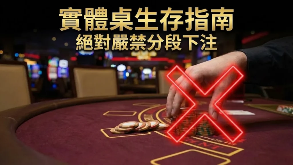 PokerOffer 實體撲克桌生存指南封面圖，展示玩家進行違規分段下注的動作，並以紅色霓虹燈大叉標示禁止。