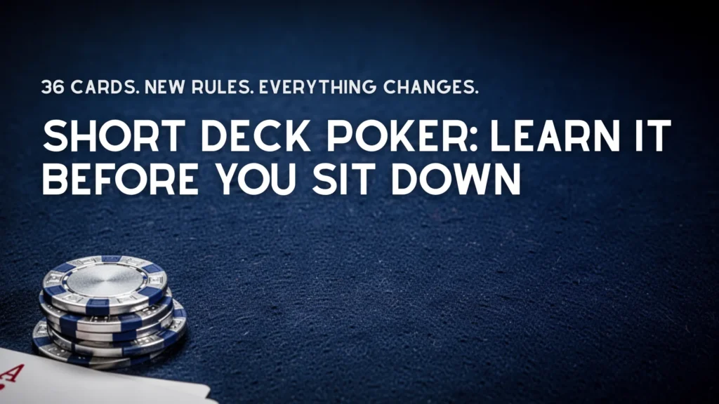Short Deck Poker beginner guide cover with blue poker table, chips stack and playing cards showing 36 card format