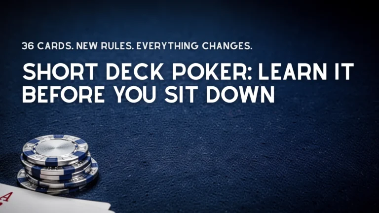 Short Deck Poker beginner guide cover with blue poker table, chips stack and playing cards showing 36 card format