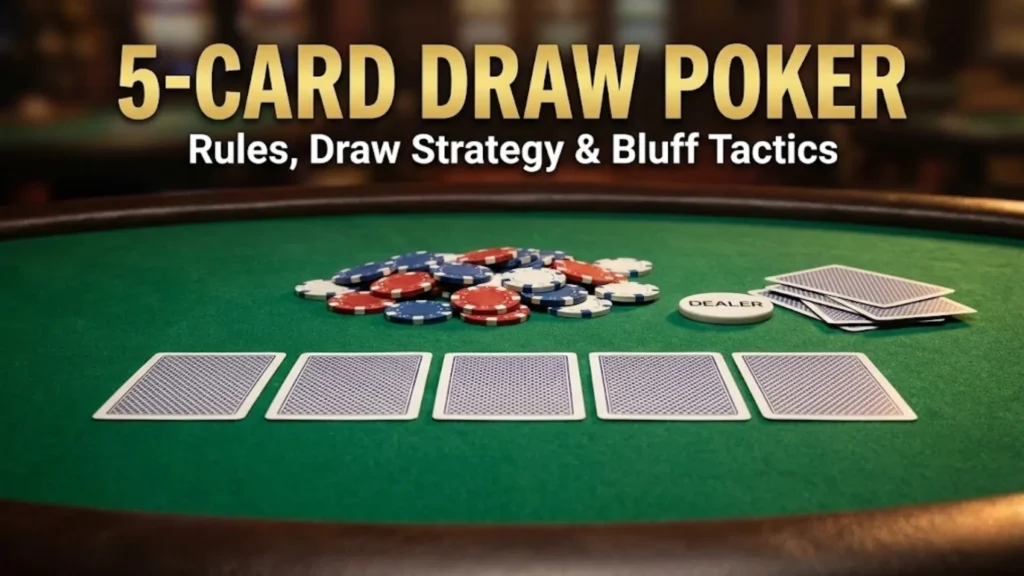PokerOffer cover image for 5-Card Draw Poker guide showing five face-down cards, casino chips, and a dealer button on a green table.