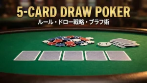 PokerOfferの5カードドローポーカーガイドカバー画像。緑のテーブルに5枚の伏せられたカード、カジノチップ、ディーラーボタンを表示。