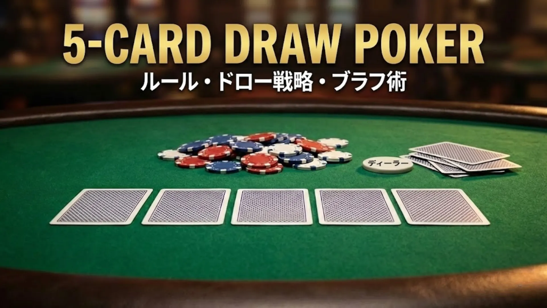 PokerOfferの5カードドローポーカーガイドカバー画像。緑のテーブルに5枚の伏せられたカード、カジノチップ、ディーラーボタンを表示。