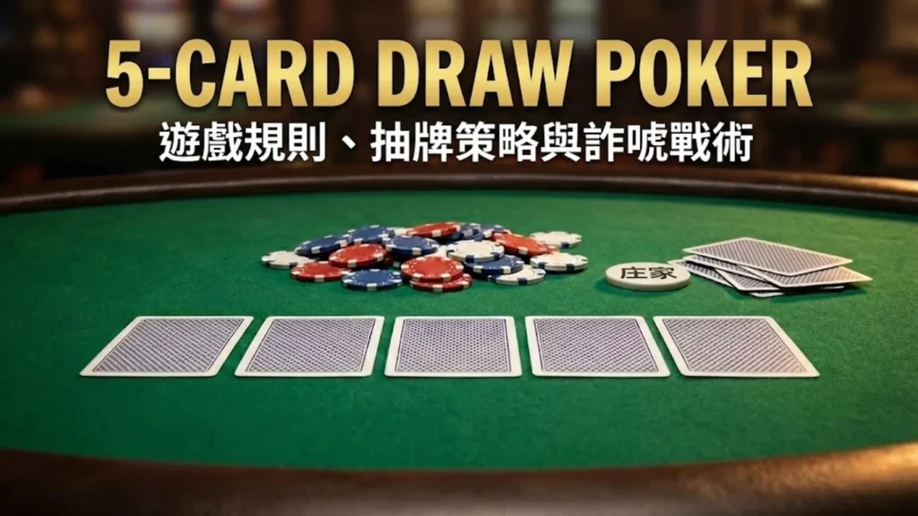 PokerOffer 五張換撲克指南封面圖，在綠色牌桌上展示五張覆蓋的撲克牌、賭場籌碼與莊家按鈕。