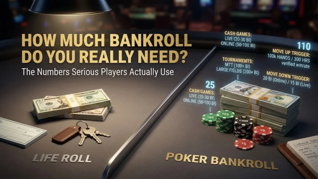 PokerOffer cover image for the Poker Bankroll Management guide, featuring a balance scale weighing a stack of cash against poker chips to illustrate financial discipline.