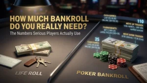 PokerOffer cover image for the Poker Bankroll Management guide, featuring a balance scale weighing a stack of cash against poker chips to illustrate financial discipline.