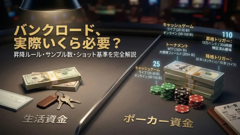 PokerOfferのポーカーバンクロール管理ガイドカバー画像。財務の規律を象徴する、現金の束とポーカーチップを乗せた天秤を表示。
