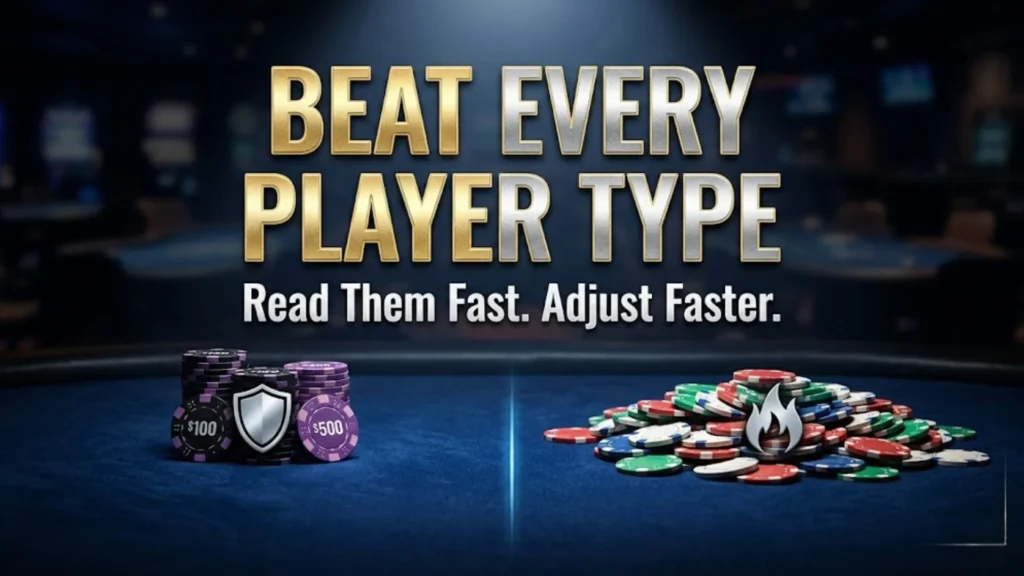 Poker chips split by a glowing blue line. Left side has a dark chip stack with a silver shield icon. Right side has a large pile of mixed chips with a white fire icon.