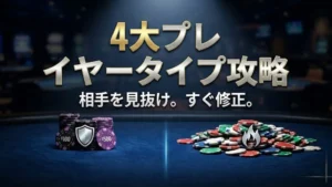 光る青い線で分けられたポーカーチップ。左側は、銀色の盾のアイコンがついたダークなチップの山。右側は、白い炎のアイコンがついた様々なチップの大きな山。