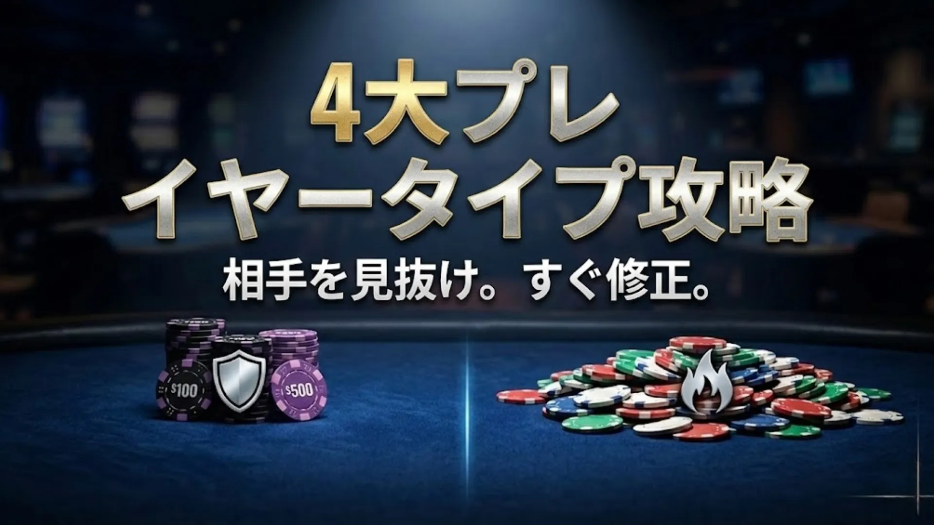 光る青い線で分けられたポーカーチップ。左側は、銀色の盾のアイコンがついたダークなチップの山。右側は、白い炎のアイコンがついた様々なチップの大きな山。