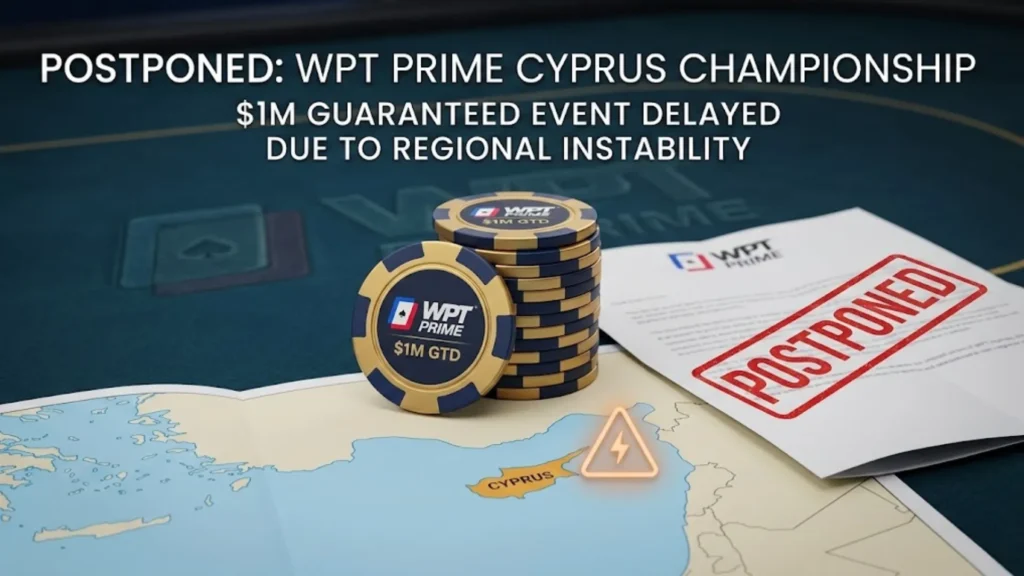 WPT Prime Cyprus Championship $1M guaranteed poker tournament postponed notice on a map with poker chips and a red stamp.