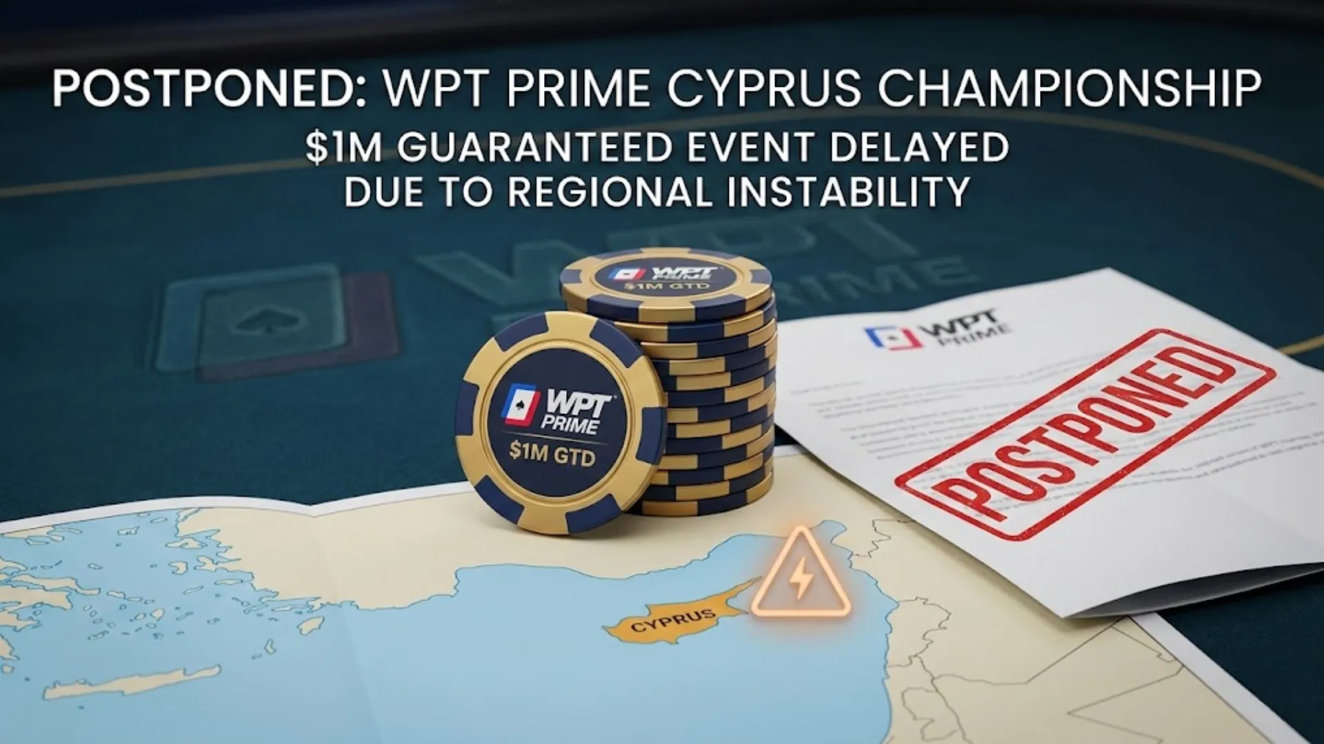 WPT Prime Cyprus Championship $1M guaranteed poker tournament postponed notice on a map with poker chips and a red stamp.
