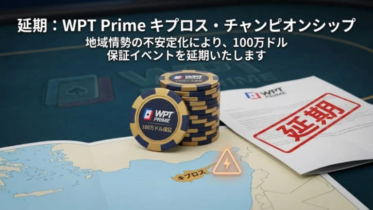 WPT Prime キプロス選手権100万ドルGTDポーカー大会の延期通知。地図、ポーカーチップ、赤い延期スタンプ。
