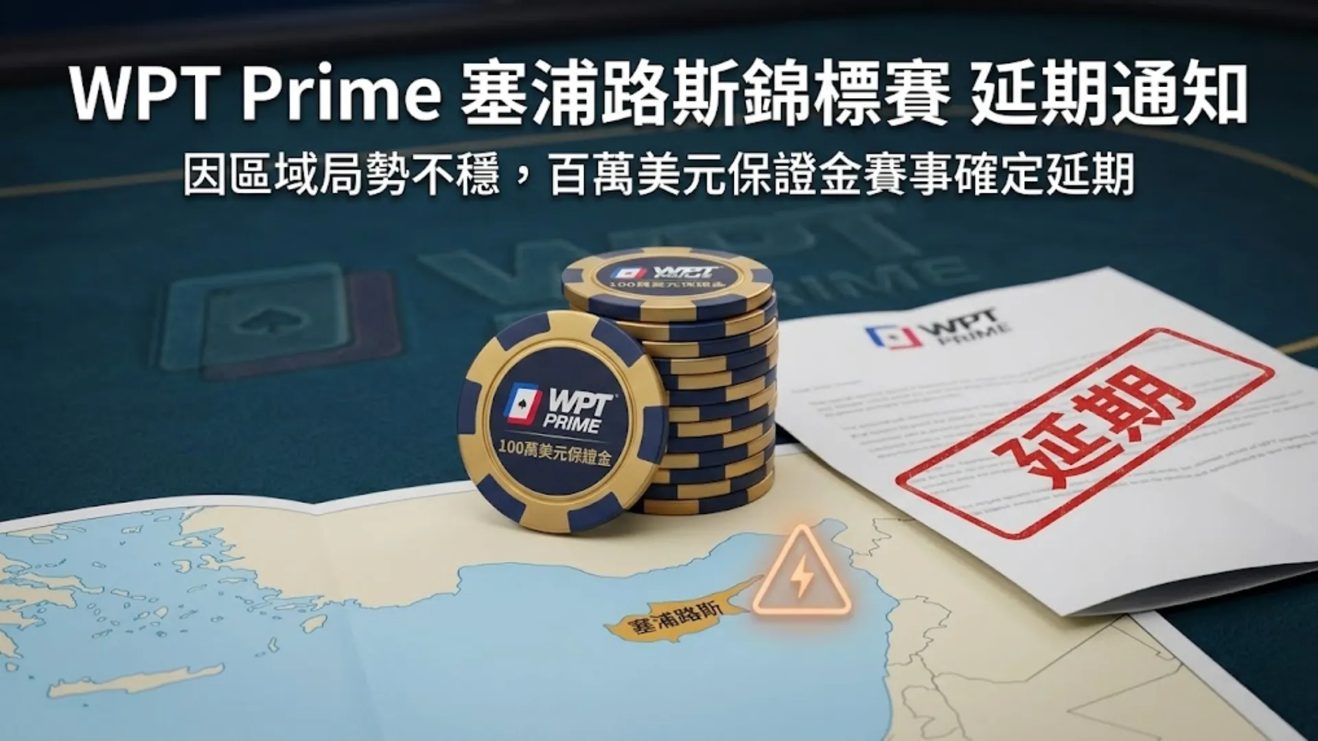 WPT Prime 塞浦路斯錦標賽100萬美元保證金撲克賽事延期通知，包含地圖、撲克籌碼與紅色延期印章。