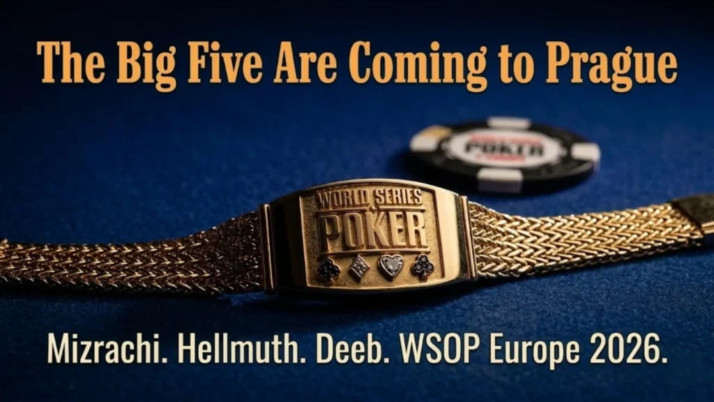 Close-up of a detailed gold World Series of Poker (WSOP) bracelet with a woven chain, set against a dark blue felt poker table with a poker chip, promoting the WSOP Europe 2026 event in Prague featuring top players Mizrachi, Hellmuth, and Deeb.