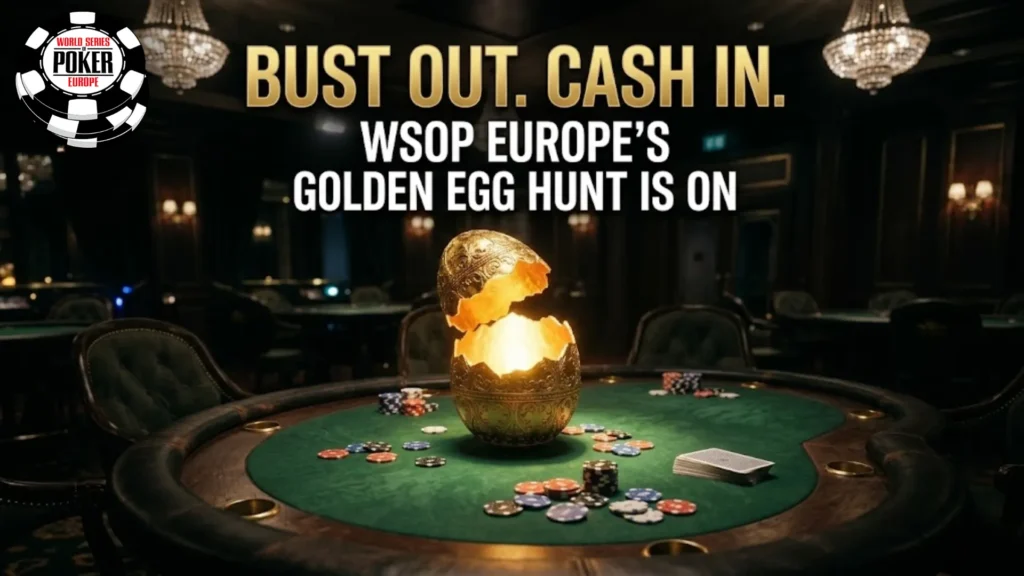 A detailed promotional image for the WSOP Europe Golden Egg Hunt poker event, featuring a large, ornate, glowing gold egg that has cracked open on a green felt poker table in a luxurious casino. Scattered colorful poker chips and cards surround the egg. The headlines 'BUST OUT. CASH IN.' and 'WSOP EUROPE'S GOLDEN EGG HUNT IS ON' are prominently displayed. The official WSOP Europe logo is in the top-left, and the dates and location (MARCH 31 - APRIL 21, ROZVADOV) are in the bottom-right.