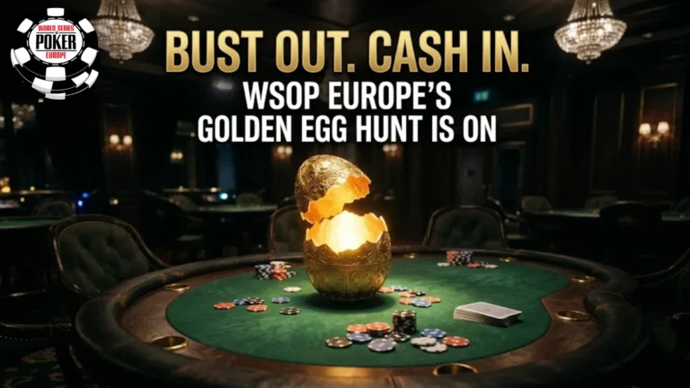 A detailed promotional image for the WSOP Europe Golden Egg Hunt poker event, featuring a large, ornate, glowing gold egg that has cracked open on a green felt poker table in a luxurious casino. Scattered colorful poker chips and cards surround the egg. The headlines 'BUST OUT. CASH IN.' and 'WSOP EUROPE'S GOLDEN EGG HUNT IS ON' are prominently displayed. The official WSOP Europe logo is in the top-left, and the dates and location (MARCH 31 - APRIL 21, ROZVADOV) are in the bottom-right.