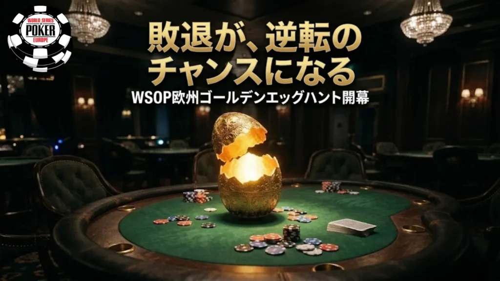 WSOPヨーロッパ「ゴールデンエッグハント」ポーカーイベントの詳細なプロモーション画像。豪華なカジノの緑色のフェルト製ポーカーテーブルの上に、光り輝く開いた装飾的な金の卵が置かれている。卵の周りには散らばったカラフルなポーカーチップとトランプがある。ヘッドライン「BUST OUT. CASH IN.」と「WSOP EUROPE'S GOLDEN EGG HUNT IS ON」が目立つように表示されている。左上にWSOPヨーロッパの公式ロゴ、右下に活動日付と場所（MARCH 31 - APRIL 21, ROZVADOV）が含まれている。