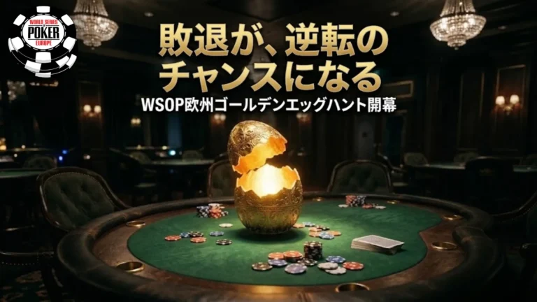 WSOPヨーロッパ「ゴールデンエッグハント」ポーカーイベントの詳細なプロモーション画像。豪華なカジノの緑色のフェルト製ポーカーテーブルの上に、光り輝く開いた装飾的な金の卵が置かれている。卵の周りには散らばったカラフルなポーカーチップとトランプがある。ヘッドライン「BUST OUT. CASH IN.」と「WSOP EUROPE'S GOLDEN EGG HUNT IS ON」が目立つように表示されている。左上にWSOPヨーロッパの公式ロゴ、右下に活動日付と場所（MARCH 31 - APRIL 21, ROZVADOV）が含まれている。