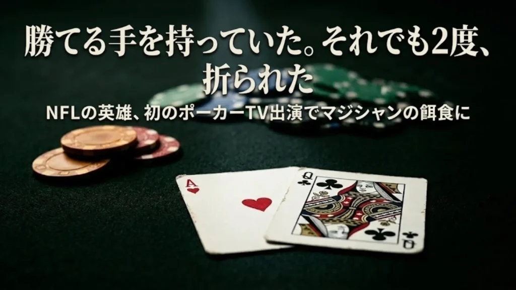 カジノのポーカーテーブルにあるハートのエースとクラブのクイーンとチップの特写。グロンコウスキーがエスファンディアリにブラフされた瞬間。