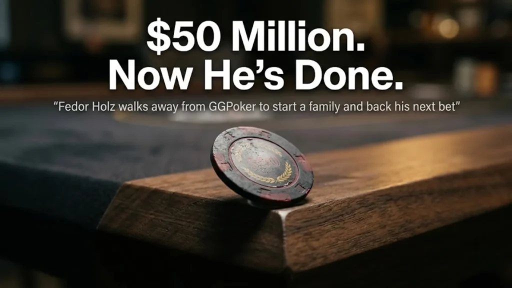 A worn poker chip balancing on the edge of a dark walnut table, dramatic side lighting, with the headline "$50 Million. Now He's Done." referencing Fedor Holz ending his GGPoker ambassador contract