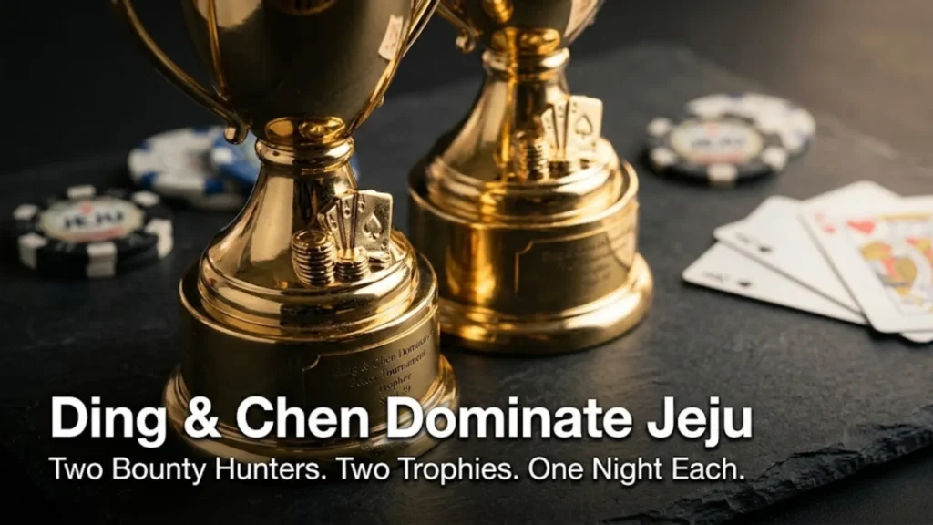 Two gold poker trophies on dark slate with casino chips and playing cards, Ding Renjie and Chen Sin-Lan win Triton ONE Jeju 2026 side events