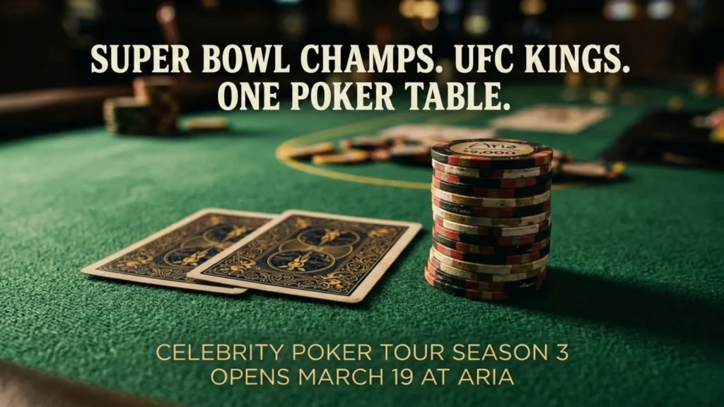 Celebrity Poker Tour Season 3 promotional image featuring poker chips and cards on a green felt table with text "Super Bowl Champs. UFC Kings. One Poker Table." opening March 19 at ARIA