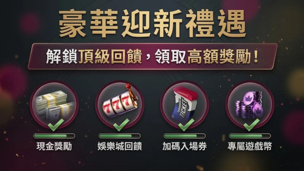 WPT Global豪華迎新禮遇包含四大獎勵：現金獎勵、娛樂城回饋、加碼入場券與專屬遊戲幣