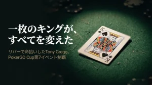 スペードのキングがポーカーテーブルのフェルトの上に表向きに置かれ、背景にチップ——リバーのキングで命拾いしたTony GreggがPokerGO Cup第7イベントを制す