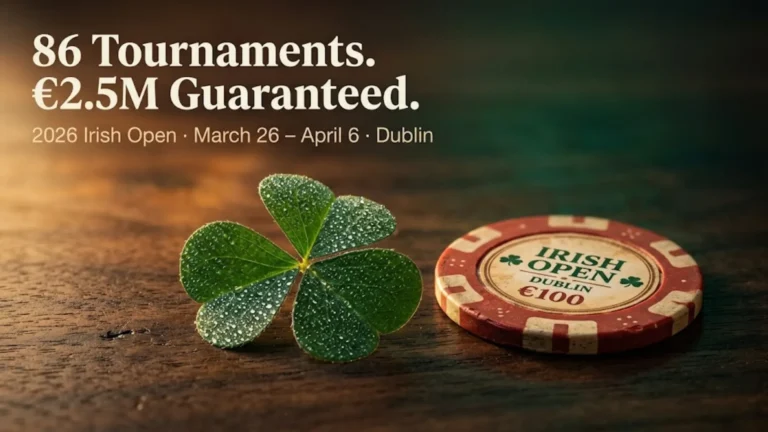 A dewy four-leaf clover and an Irish Open Dublin €100 poker chip on a dark wooden table, promoting the 2026 Irish Open with 86 tournaments and €2.5M guaranteed, March 26 to April 6 in Dublin