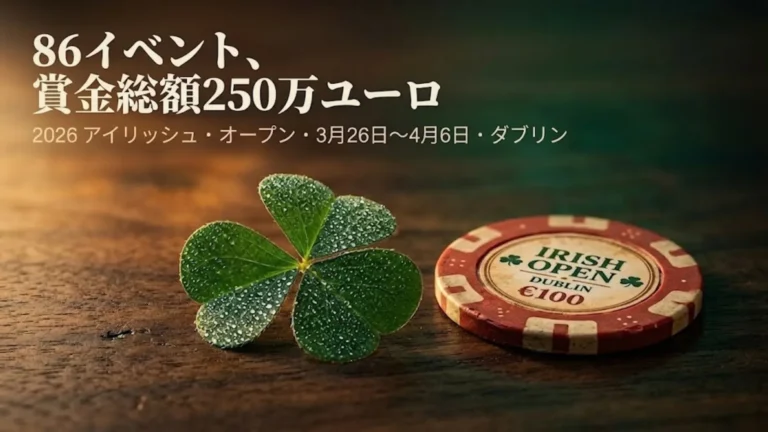 露に濡れた四つ葉のクローバーとアイリッシュ・オープン・ダブリン100ユーロポーカーチップが暗い木製テーブルに並び、2026年3月26日〜4月6日にダブリンで開催される2026アイリッシュ・オープン（86イベント・250万ユーロ保証）を告知する画像