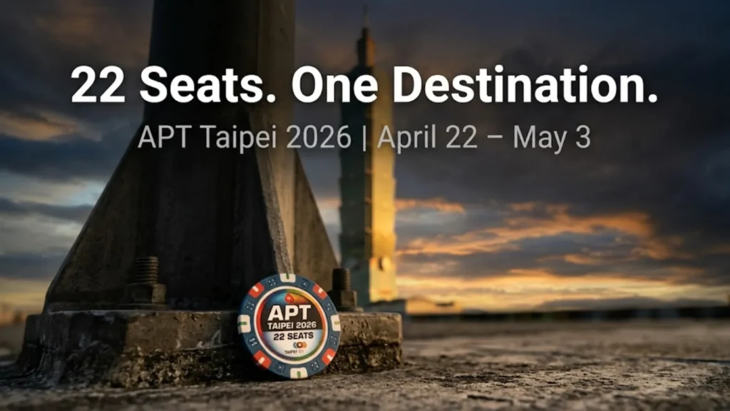 APT poker chip resting at the base of Taipei 101 at sunset, promoting APT Taipei 2026 with 22 APTC Main Event seats on offer, April 22 to May 3