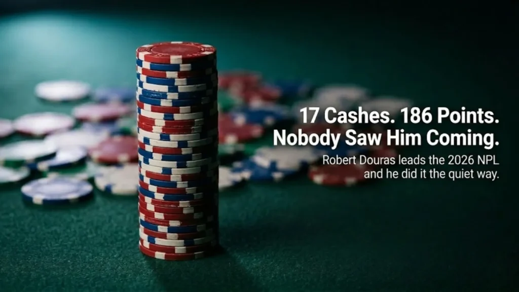 A tall stack of poker chips on green baize felt, with scattered chips blurred in the background, representing Robert Douras' 17 cashes and 186-point NPL lead in 2026