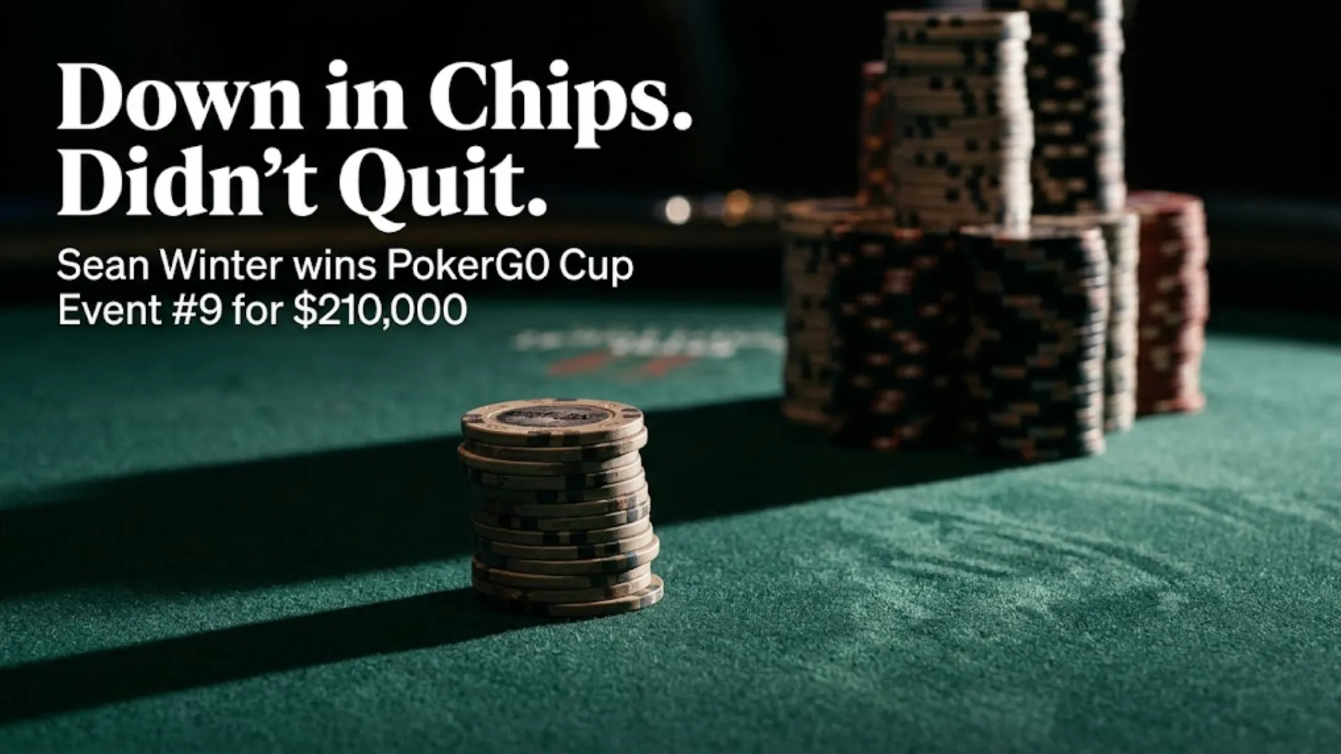 A small chip stack faces a towering stack across a dark poker table, illustrating Sean Winter's heads-up comeback win at PokerGO Cup Event #9