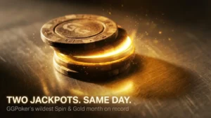 Glowing poker chips on a gold brushed-steel surface with text overlay reading "Two Jackpots. Same Day." for GGPoker Spin & Gold jackpot article