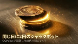 ゴールドのブラシドスチール面で輝くポーカーチップに「Two Jackpots. Same Day.」のテキストを重ねたGGPoker Spin & Goldジャックポット記事のカバー画像