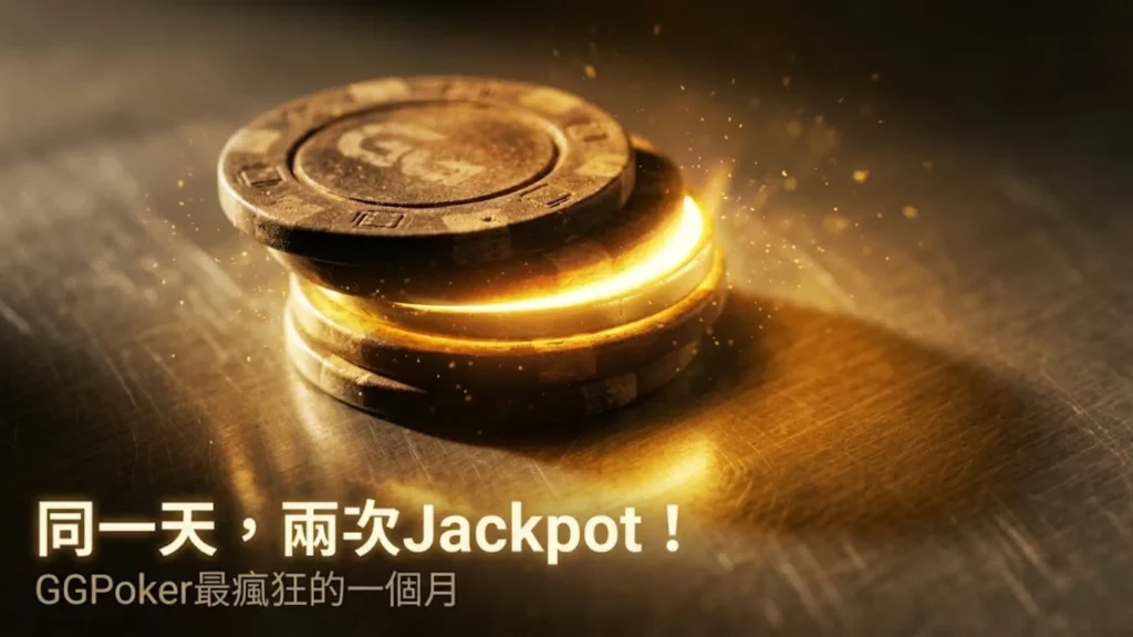 金色拉絲鋼面上發光的撲克籌碼，疊加標題文字「Two Jackpots. Same Day.」，GGPoker Spin & Gold頭獎報導封面圖