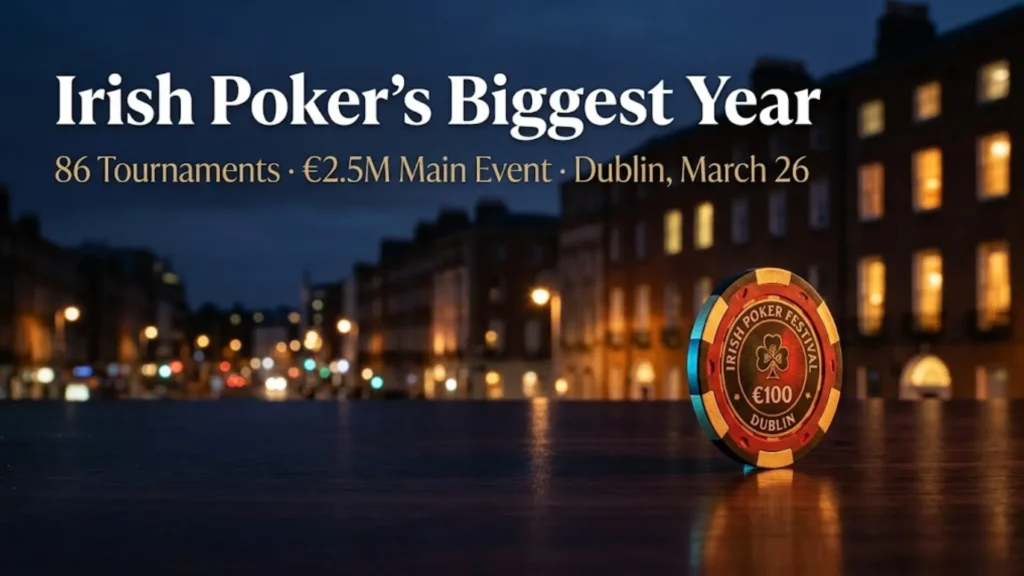 A branded Irish Poker Festival chip standing upright on a wet Dublin street at dusk, Georgian architecture glowing in the background, with the headline "Irish Poker's Biggest Year" and event details overlay