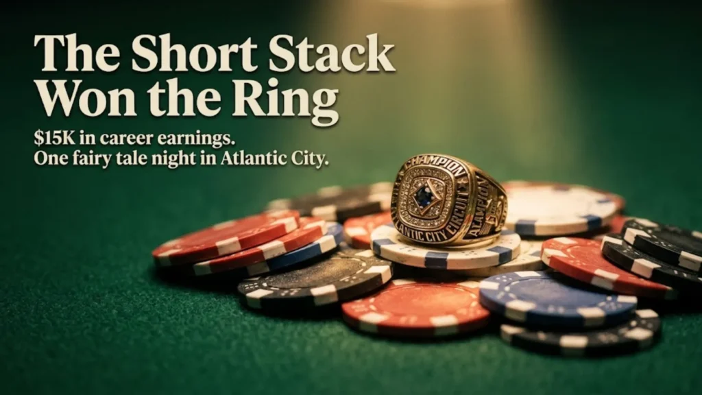 Championship ring resting on scattered poker chips under warm spotlight on green felt table, RGPS Atlantic City Main Event winner Oliver Simon