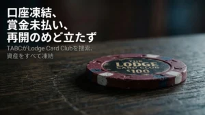 傷んだLodge Card Clubの$100ポーカーチップが暗い木製テーブルの上に置かれ、太字の白いテキストで「口座凍結、賞金未払い、再開のめど立たず」と重ねられている