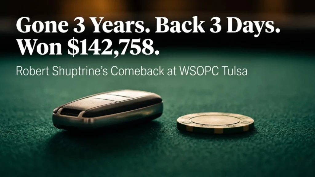 A car key fob and a gold poker chip resting on green casino felt, cover image for Robert Shuptrine's WSOPC Tulsa Main Event victory