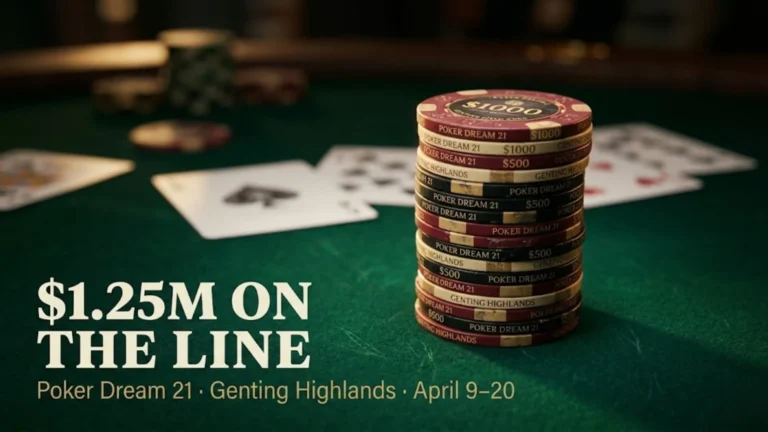 Stack of Poker Dream 21 casino chips on green felt with playing cards, promoting the $1.25M guaranteed Main Event at Genting Highlands, April 9–20