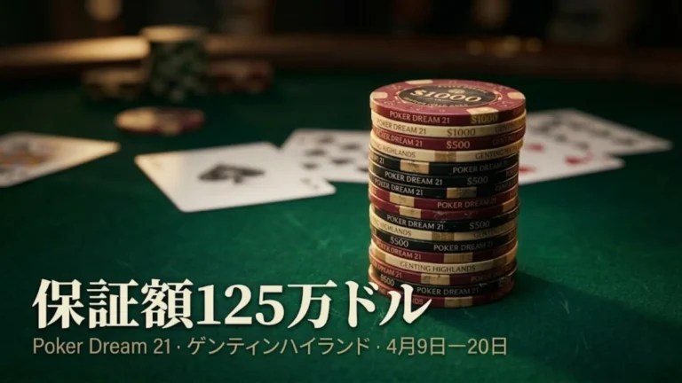 グリーンフェルト上に積まれたPoker Dream 21のカジノチップとトランプ、4月9日から20日にゲンティンハイランドで開催される125万ドル保証メインイベントを告知