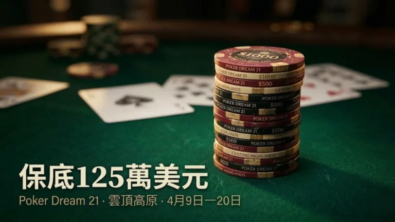 綠色牌桌上的Poker Dream 21籌碼堆與撲克牌，宣傳4月9日至20日雲頂高原125萬美元保底主賽事