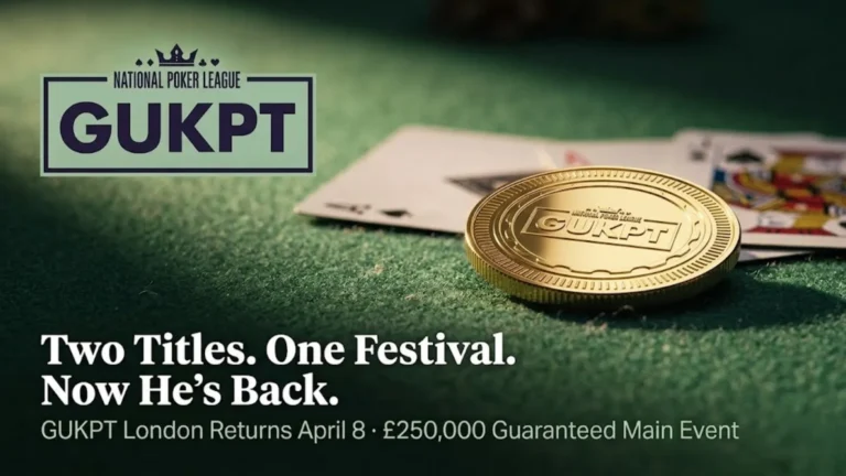 Gold GUKPT chip on green felt with playing cards, GUKPT London 2026 April Main Event £250,000 guaranteed