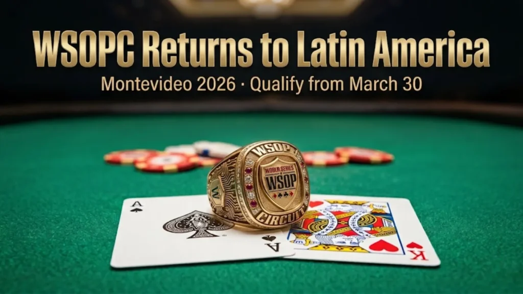 WSOP Circuit gold ring on green felt poker table with Ace-King cards and casino chips, WSOPC Montevideo 2026 banner