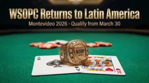 WSOP Circuit gold ring on green felt poker table with Ace-King cards and casino chips, WSOPC Montevideo 2026 banner