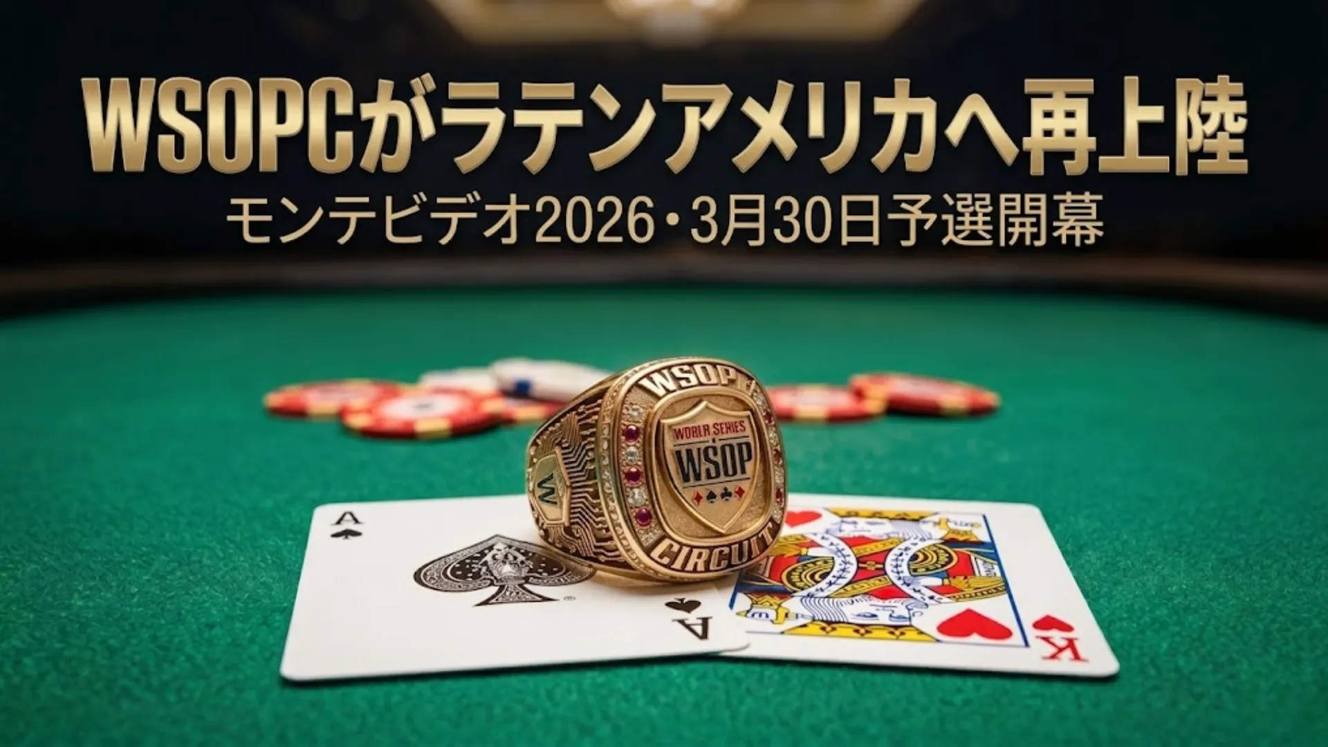 グリーンフェルトのポーカーテーブルにWSOPサーキットゴールドリング、AKカードとチップ、WSOPCモンテビデオ2026イベントバナー